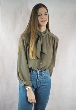 VINTAGE TAUPE PUSSY BOW BLOUSE