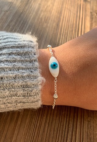 BOHO STERLING SILVER ARABIC BRACELET WITH HAMSA AND EVIL EYE