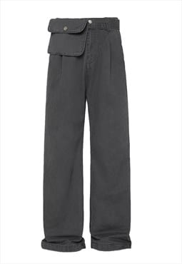 Utility jeans belted denim trouser big pocket pants grey