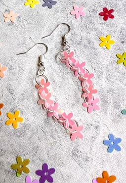 Iridescent Flower Sequin Trickle Earrings Baby Pink