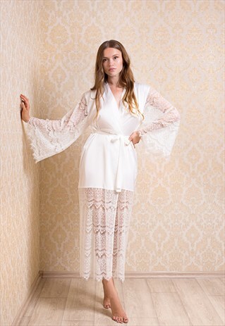 LONG WHITE SATIN BRIDAL DRESSING GOWN WITH LACE TRIM