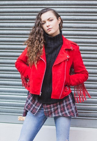 RED SUEDE FRINGE BIKER JACKET