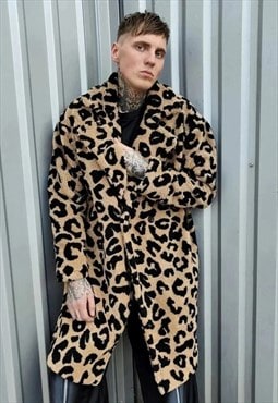 Leopard fleece coat animal print long jacket in brown 