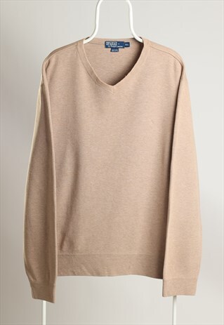 VINTAGE POLO RALPH LAUREN V-NECK LOGO SWEATSHIRT BEIGE