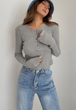 Grey Knitted Long Sleeve Crop Y2K Top
