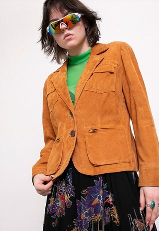 Vintage Suede Leather Blazer Jacket Brown Button Up 90s