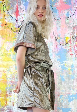 RELAX FIT DRESS IN SILVER GREEN VELVET WITH KIMONO SLEEVES