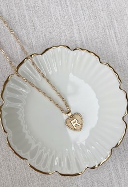 Gold Heart Monogram Initial R Charm Pendant  Necklace