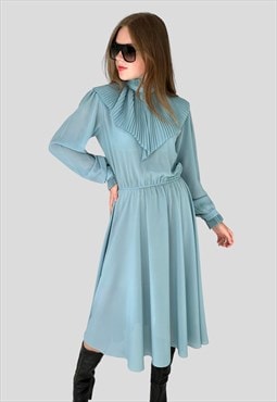 70's Blue Long Sleeve Ruffle Collar Vintage Midi Dress