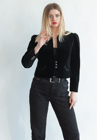 VINTAGE 80S PUFFER SLEEVE BLACK VELVET BLAZER