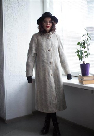 VINTAGE 80'S LIGHT BROWN/CREAM PURE NEW WOOL WINTER COAT