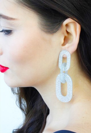 SILVER GLITTER PERSPEX CHAIN LINK DROP EARRINGS