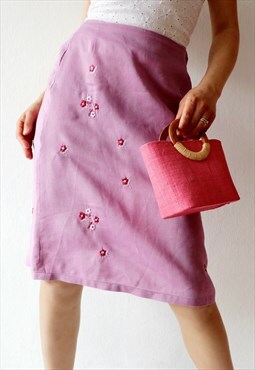 90s Midi Skirt Embroidered Ditsy Floral Vintage Skirt Pink