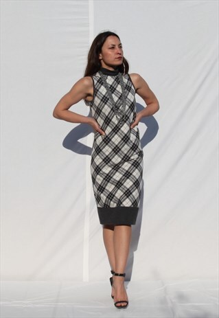 VINTAGE 90'S PLAIDED WHITE/GREY MIDI DRESS