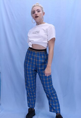 HIGH WAIST BLUE TARTAN CHECK TROUSERS
