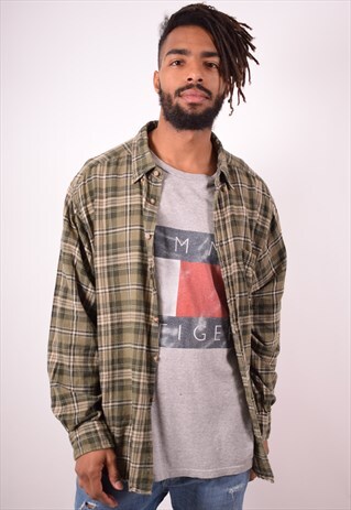 MENS VINTAGE FLANNEL SHIRT XL GREEN CHECK 90S