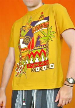 Vintage Funky Floral Abstract Boho Graphic Yellow T-Shirt