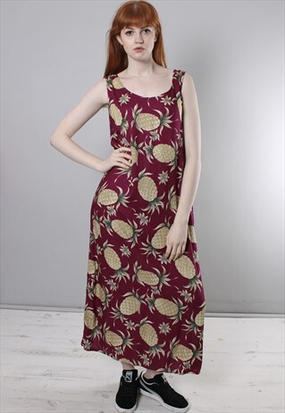 VINTAGE 90S MAROON PINEAPPLE PATTERNED LONG DRESS