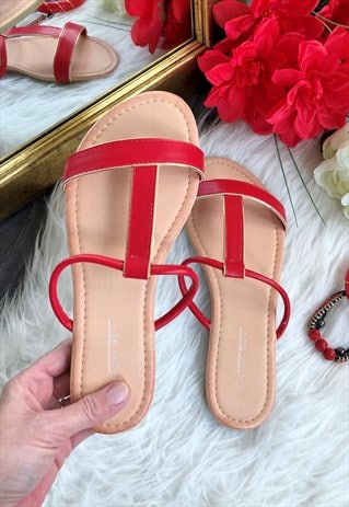 Red Flat Faux Leather Open Toe Sandals