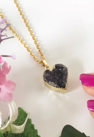 HEART NECKLACE, AMETHYST NECKLACE, CRYSTAL NECKLACE, GOLD