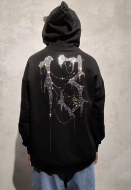Diamante hoodie youth slogan top crystal pullover in black