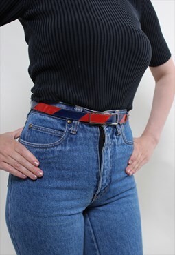 Vintage 80s tiny belt, red modernist belt, minimalist buckle