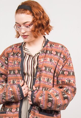 VINTAGE 90'S ABSTRACT PATTERN FLEECE CARDIGAN