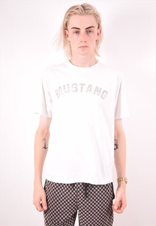 MUSTANG MENS VINTAGE T-SHIRT TOP SMALL WHITE 90S