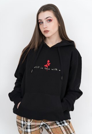 STILL IN LOVE WITH U BLACK HOODIE WITH RED ROSE PRINT