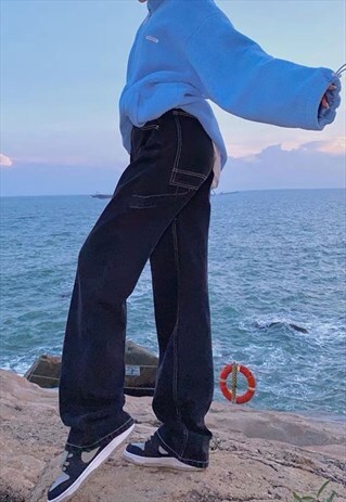 STRAP WIDE LEG DENIM JEANS