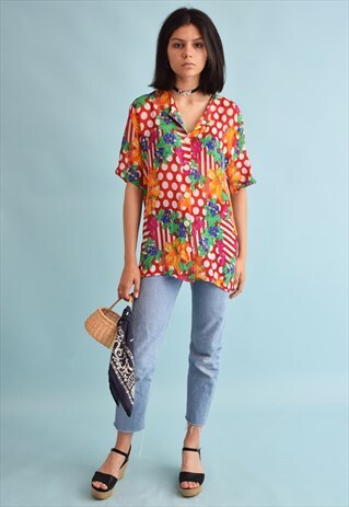 80'S RETRO ABSTRACT PRINT OVERSIZED FESTIVAL BLOUSE TOP