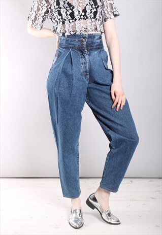 VINTAGE 80S BLUE PLEAT FRONT MOM JEANS