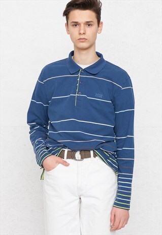 90S VINTAGE BLUE HUGO BOSS LONG SLEEVE POLO SHIRT TOP