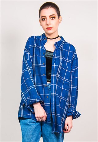 VINTAGE 90'S BLUE CHECKED LL BEAN THICK FLANNEL SHIRT