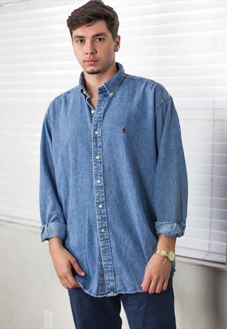 VINTAGE POLO RALPH LAUREN SHIRT DENIM LOGO 90S XL 20.2