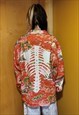 SKELETON PRINT SHIRT FLORAL GRUNGE BLOUSE PUNK BONES TOP RED