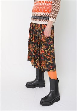 Vintage pleated skirt bright flower and leaf print 