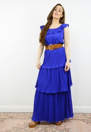 VINTAGE 80S BLUE TIERED BOHO GYPSY STYLE MAXI DRESS