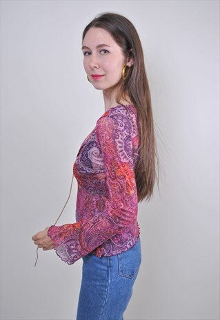 70S PURPLE HIPPIE BUTA WOMEN LACE BLOUSE, SIZE M