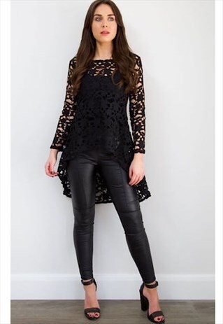 BLACK LACE HIGH LOW DRAPED TOP WITH LONG SLEEVES