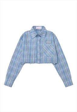 Cropped check shirt distressed cowboy top in retro blue