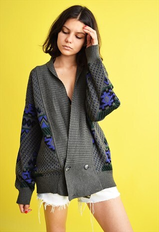 80'S MOD ABSTRACT OVERSIZED GRANDAD'S KNITTED CARDIGAN TOP