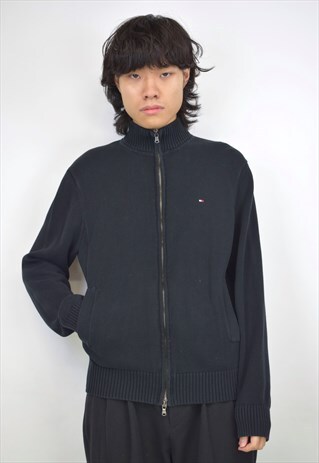 VINTAGE 90S TOMMY HILFIGER BLACK KNIT ZIP JUMPER