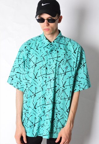 VINTAGE 80S SEA GREEN SPECKLED SHORT SLEEVE SHIRT