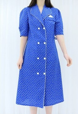 80s Vintage Blue Puff Sleeve Dress (Size L)