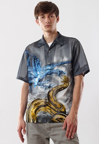 VINTAGE HAWAIIAN 90S GREY GRAPHIC TATTOO DRAGON PRINTED MESH
