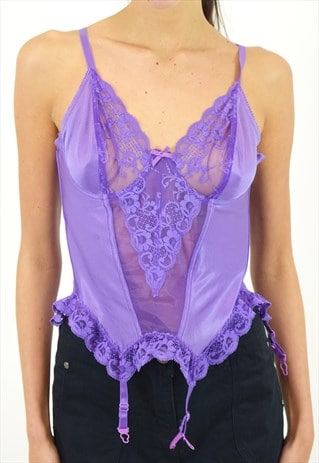 VINTAGE Y2K BUSTIER CORSET TOP IN PURPLE FLORAL LACE