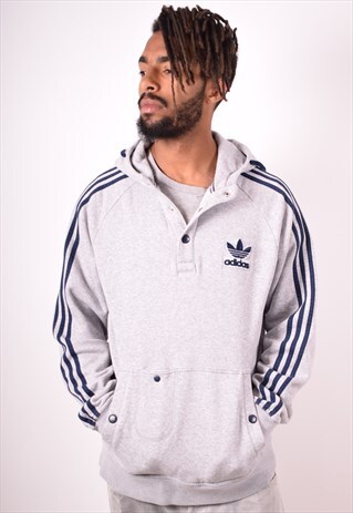 ADIDAS MENS VINTAGE HOODIE JUMPER LARGE GREY 90S