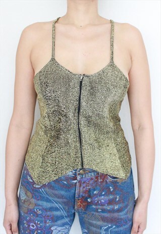 Y2K GOLD SHINY ZIP UP CROP TOP