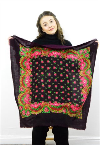 VINTAGE DARK PURPLE FLORAL LARGE SQUARE SCARF